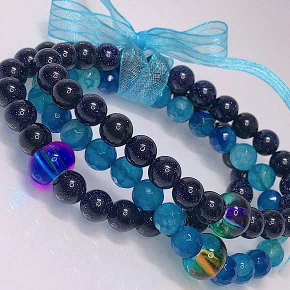 BLUE SANDSTONE + DRAGON VEINS  AGATE SET NATURAL BRACELETS size 7” - Picture 8 of 8